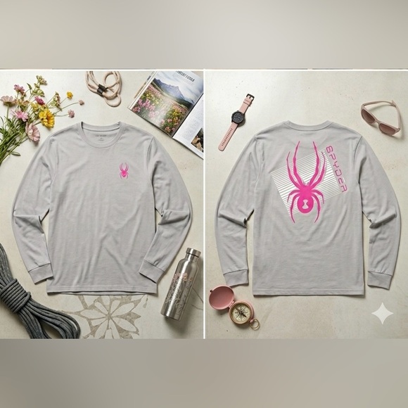 🔥 Spyder Pink Graphic Logo Long Sleeve Shirt | Grey | Size L (Fits Med) - Picture 2 of 3